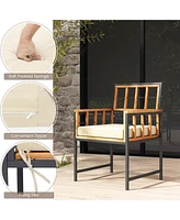 Gymax 4 Pcs Acacia Wood Patio Dining Set w/ 1 Rectangular Table 1 Loveseat & 2 Armchairs