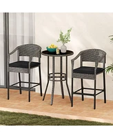 3-Piece Patio Rattan Bar Set with Tempered Glass Top for Backyard Poolside-Gray