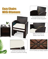 5 Pieces Patio Rattan Furniture Set with Ottoman and Tempered Glass Coffee Table-White