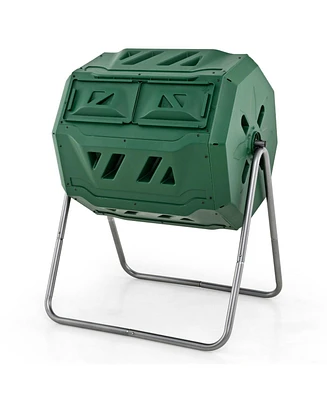 43 Gallon Rotating Compost Bin Barrel with Dual Chamber and Sliding Doors-Green