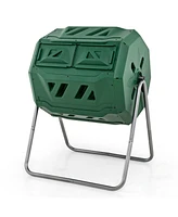43 Gallon Rotating Compost Bin Barrel with Dual Chamber and Sliding Doors-Green