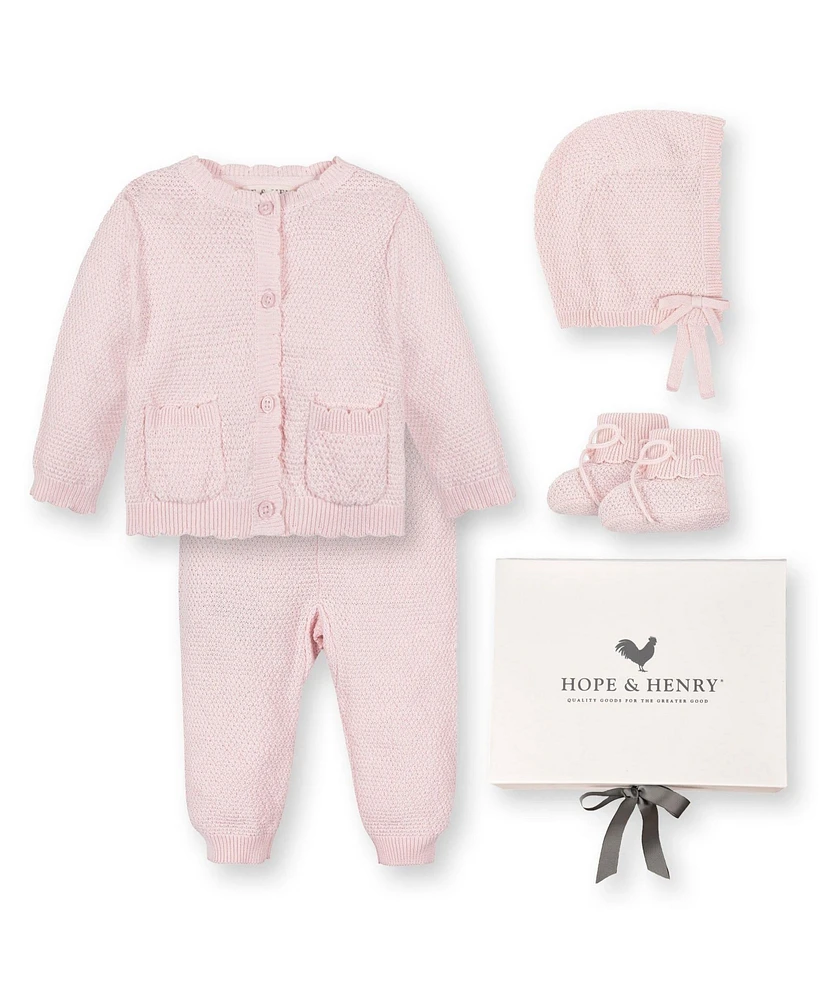 Hope & Henry Baby 5 Piece Organic Sweater Cable Cardigan, Legging, Hat, Bootie Boxed Gift Set