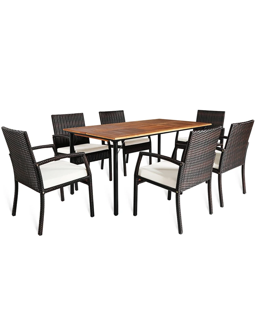 Gymax 7PCS Patio Dining Furniture Set w/ Wooden Tabletop Cushion Umbrella Hole