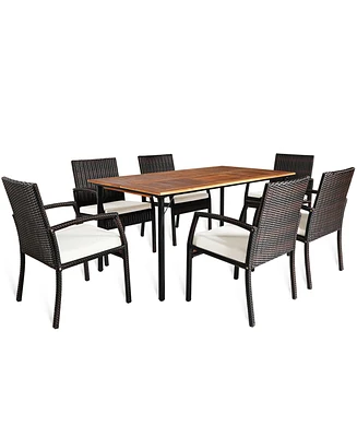 Gymax 7PCS Patio Dining Furniture Set w/ Wooden Tabletop Cushion Umbrella Hole
