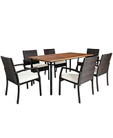 Gymax 7PCS Patio Dining Furniture Set w/ Wooden Tabletop Cushion Umbrella Hole