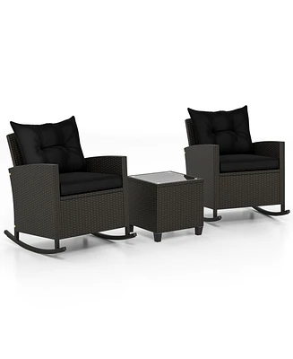 3-Piece Patio Rattan Roker Chairs with Tempered Glass Table and Soft Cushions-Black