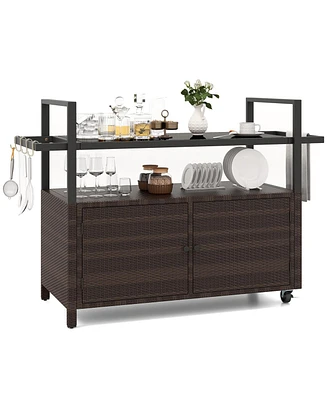 Outdoor Bar Cart Wicker Buffet Serving Cart with Cabinet and 8 Hooks