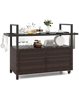 Outdoor Bar Cart Wicker Buffet Serving Cart with Cabinet and 8 Hooks