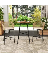 3 Pieces Rope Woven Patio Bar Set with Soft Cushions and Acacia Wood Tabletop