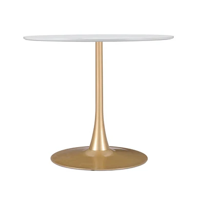 Compact 35" Dining Table – Elegant White and Gold Design with Steel Pedestal Support