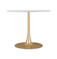 Compact 35" Dining Table – Elegant White and Gold Design with Steel Pedestal Support