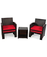5 Pieces Patio Rattan Furniture Set with Ottoman and Tempered Glass Coffee Table