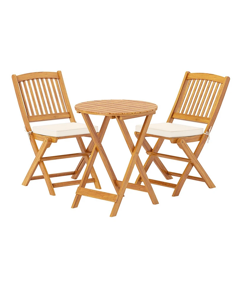 3 Pieces Acacia Wood Patio Folding Bistro Set with Soft Cushions-Beige