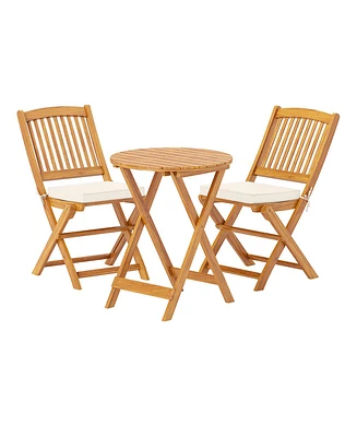 3 Pieces Acacia Wood Patio Folding Bistro Set with Soft Cushions-Beige