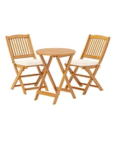 3 Pieces Acacia Wood Patio Folding Bistro Set with Soft Cushions-Beige