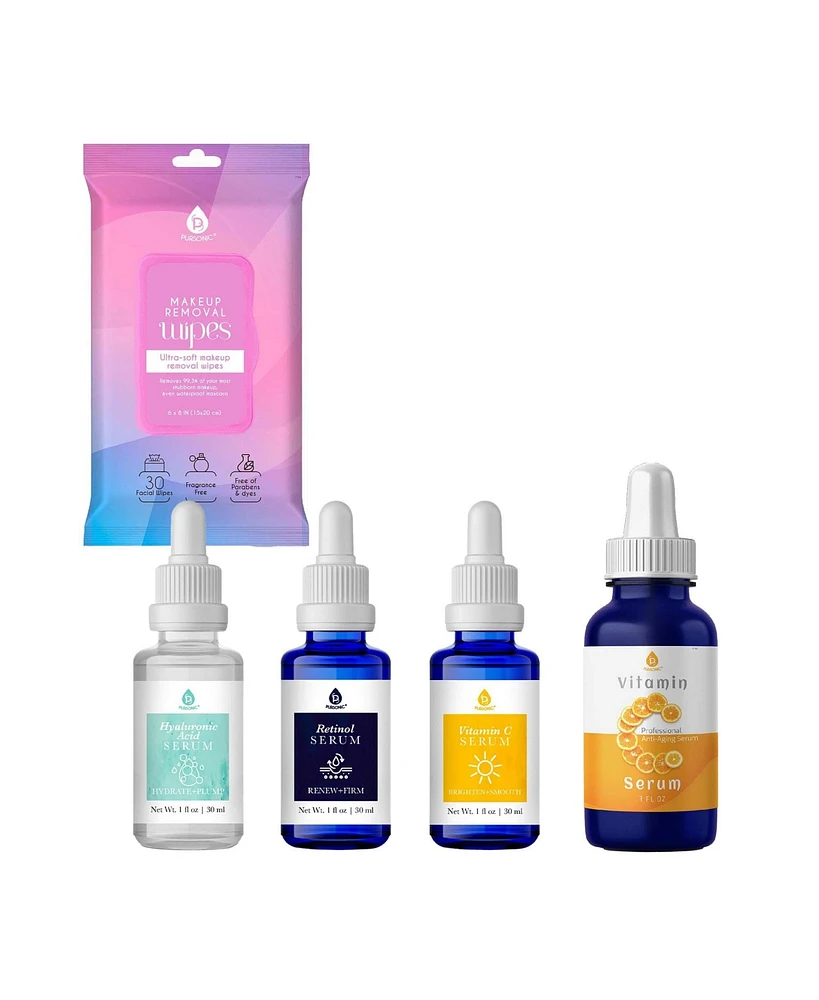 Pursonic Complete Skincare Essentials Bundle – Anti-Aging Serum Set, Vitamin C Serum, and Makeup Removal Wipes