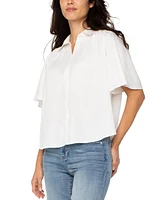 Liverpool Los Angeles Petite Elbow-Sleeve Button-Front Blouse
