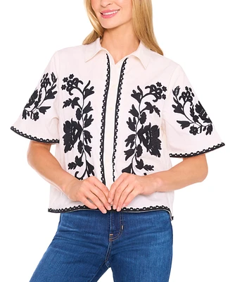 CeCe Women's Embroidered Short-Sleeve Shirt