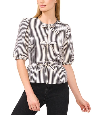 CeCe Women's Striped Puff-Sleeve Bow-Front Peplum Blouse