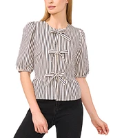 CeCe Women's Striped Puff-Sleeve Bow-Front Peplum Blouse