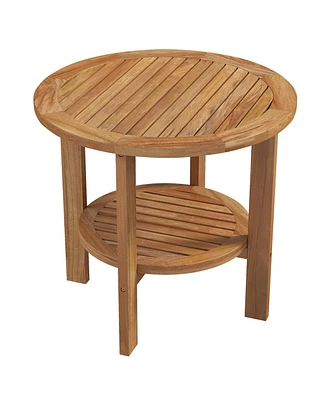 Outdoor Teak Wood Round Side Table Patio End Table with Slatted Storage Shelf