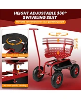 Rolling Garden Cart with Height Adjustable Swivel Seat and Storage Basket