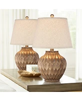 Buckhead Traditional Style Small Accent Table Lamps 22" High Set of 2 Warm Bronze Geometric Urn Tapered Drum Shade for Living Room Bedroom House