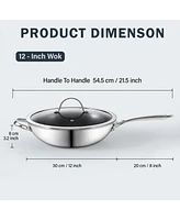 Cooks Standard 12-Inch Hybrid Nonstick Wok with Tempered Glass Lid, Multi-Ply Clad Stainless Steel Flat Bottom Wok Stit Fry Pan, Oven Safe, Induction