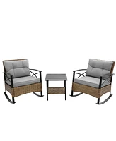 3-Piece Patio Conversation Set, Leisure Chair, Outdoor Rattan Rocking Chair Set Gray