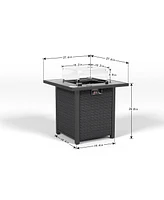 28 in. Propane Fire Pit Table, Rattan and Wicker,50000 Btu, Tempered with Glass Windscreen