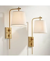 Seline Modern Wall Lamps Set of 2 Warm Gold Metal Plug-In 9" Adjustable Swivel Off-White Linen Drum Shade for Bedroom Living Room Home Hallway Di