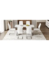 63" Snow Mountain Table & 6 White Pu Chairs