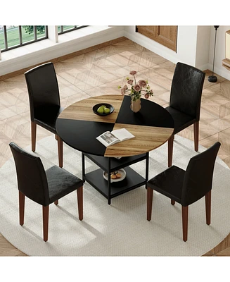 47.3" Round Dining Table Set with 4 Black Pu Chairs