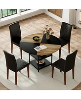 47.3" Round Dining Table Set with 4 Black Pu Chairs