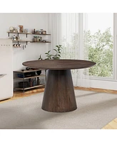 Round Brown Dining Set: Table & 4 Boucle Chairs
