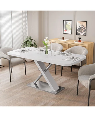 White Extendable Dining Table, Metal Base, 4-6 People
