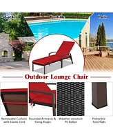 2 Pieces Patio Rattan Reclining Chaise Lounge Chair with Cushion and Armrest