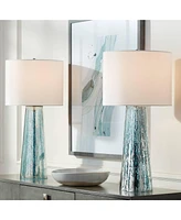 Marcus Modern Coastal Table Lamps 30" Tall Set of 2 Hand-Applied Mercury Glass Tapered Column White Drum Shade for Living Room Bedroom House Beds