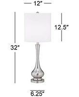 32" Tall Gourd Large Modern End Table Lamps Set of 2 Silver Brushed Steel Finish Metal White Shade Living Room Bedroom Bedside Nightstand House O