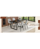 Black Marble Dining Set: 55" Table & 4 Gray Pu Chairs