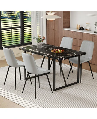 Black Marble Dining Set: 55" Table & 4 Gray Pu Chairs