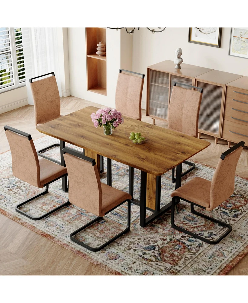 67" Wood Dining Table Set with 6 Brown Chairs