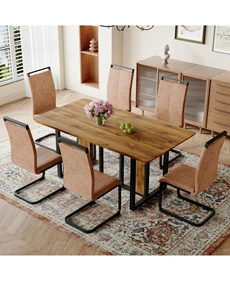 67" Wood Dining Table Set with 6 Brown Chairs
