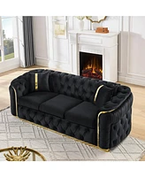 90.6" Velvet Button Tufted Chesterfield Sofa - Black