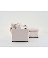 L Shape Corduroy Sofa w/ Usb, Cup Holder & Ottoman - Beige