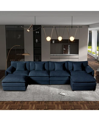 U-Shaped Sectional Sofa with Ottomans - Chenille Blue