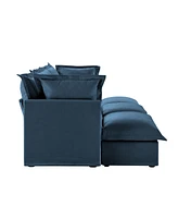 Blue Chenille Slipcovered 3-Seater Sofa with Pillows