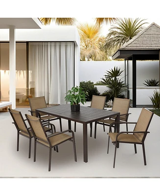 7-Piece Patio Dining Set, Table & 6 Textilene Chairs - Brown