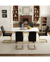 Snow Mountain White Sintered Stone Table & 6 Black Pu Chairs