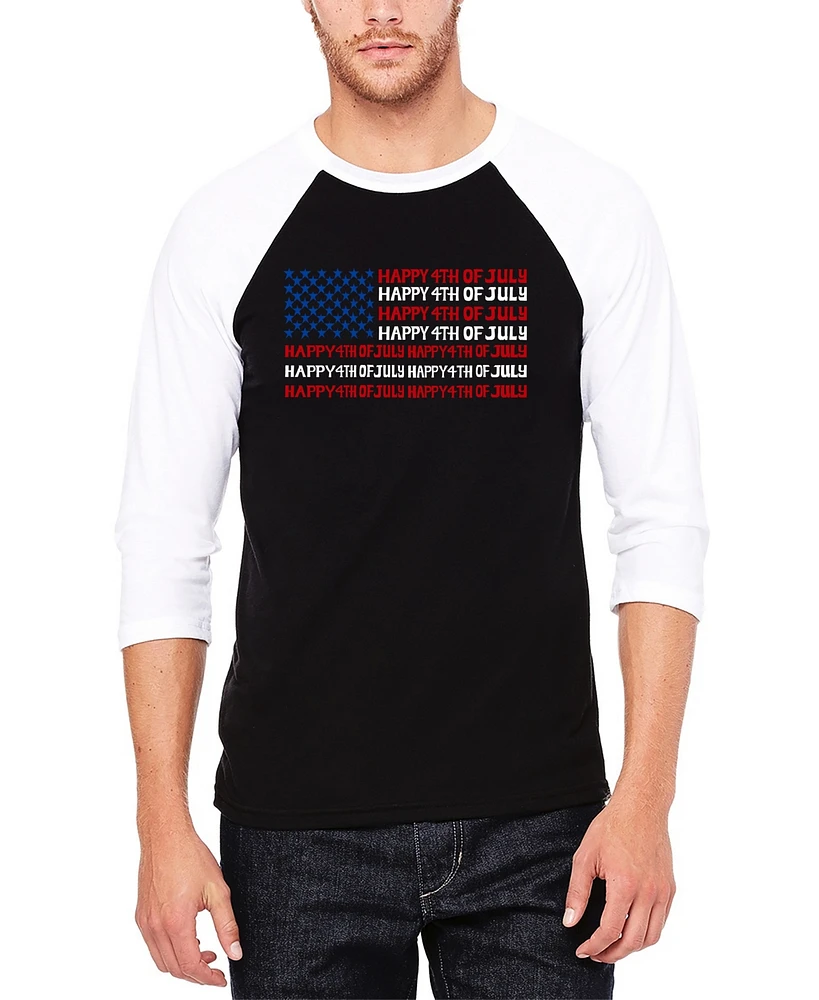 La Pop Art Men's Happy 4th of July Raglan Baseball Word T-Shirt